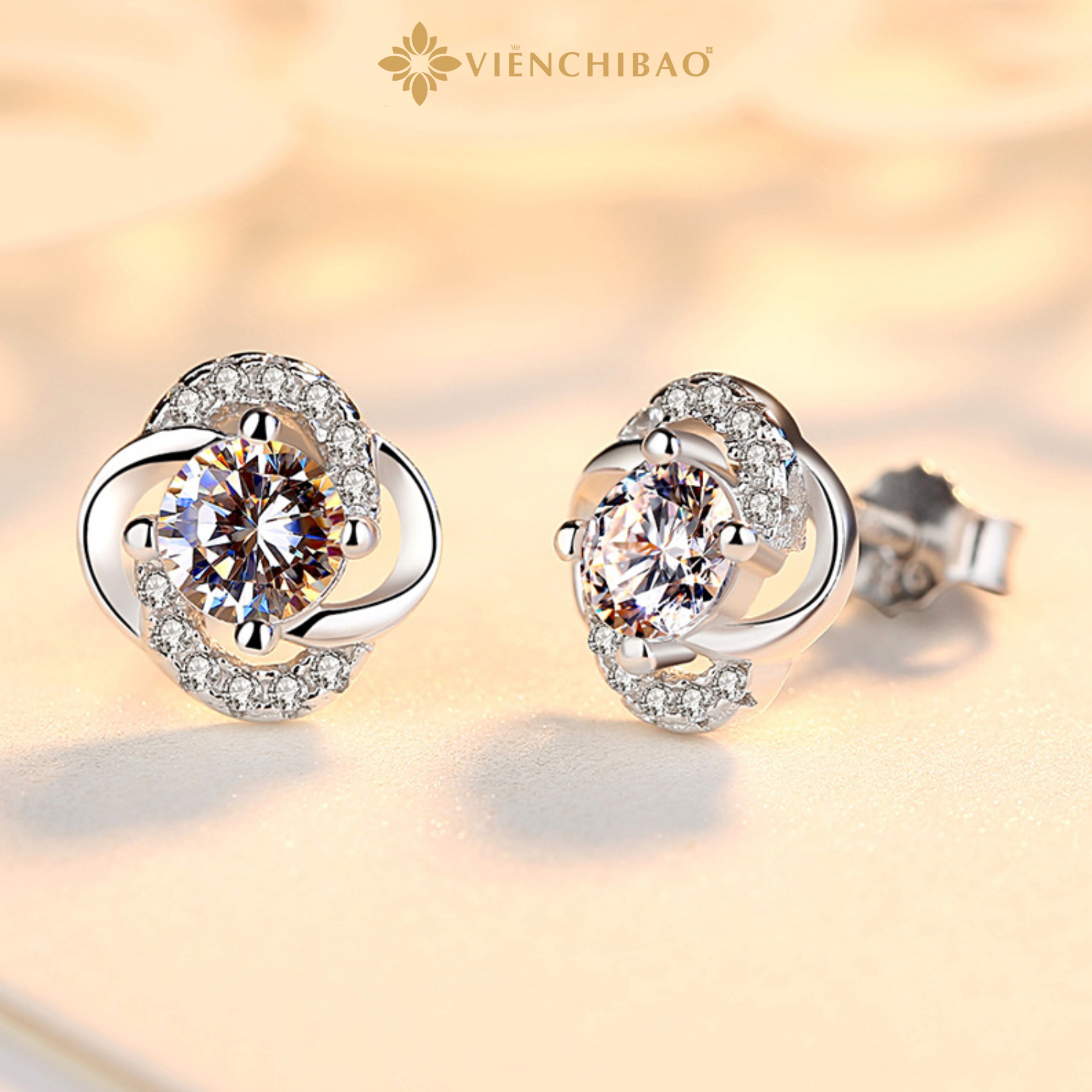 Bông Tai Cỏ 4 Lá Đính Đá Zircon - Bạc S999 - HuyK Viễn Chí Bảo - B400102