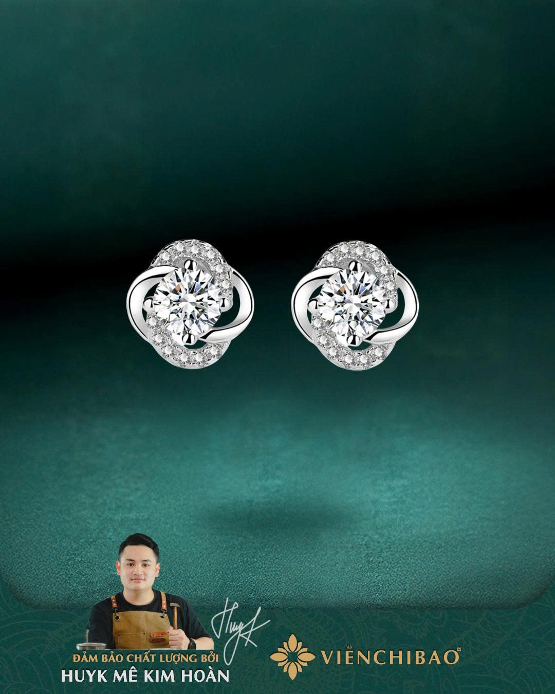 Bông Tai Cỏ 4 Lá Đính Đá Zircon - Bạc S999 - HuyK Viễn Chí Bảo - B400102