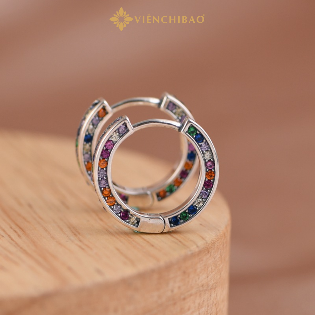 Bông Tai Nữ Đính Đá Nhiều Màu - Bạc S925 - B400192-  HuyK Viễn Chí Bảo