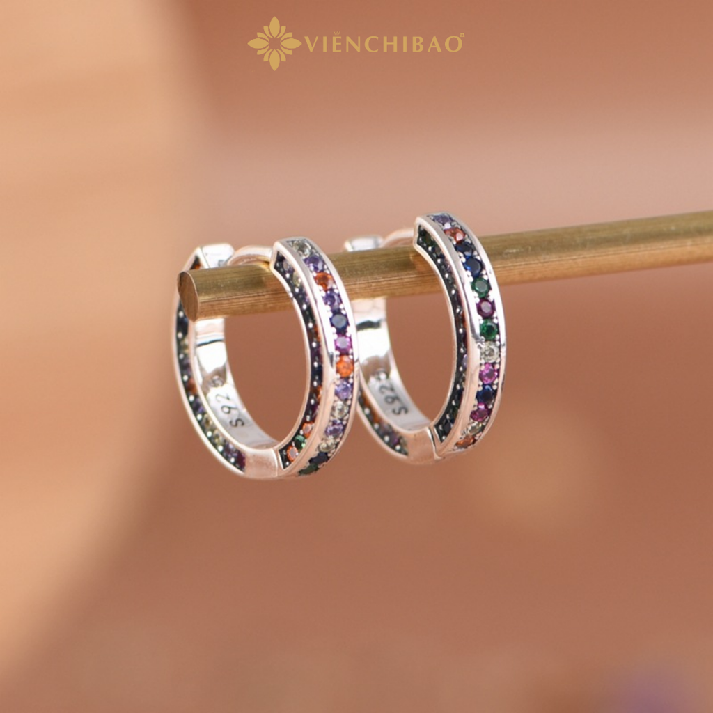 Bông Tai Nữ Đính Đá Nhiều Màu - Bạc S925 - B400192-  HuyK Viễn Chí Bảo