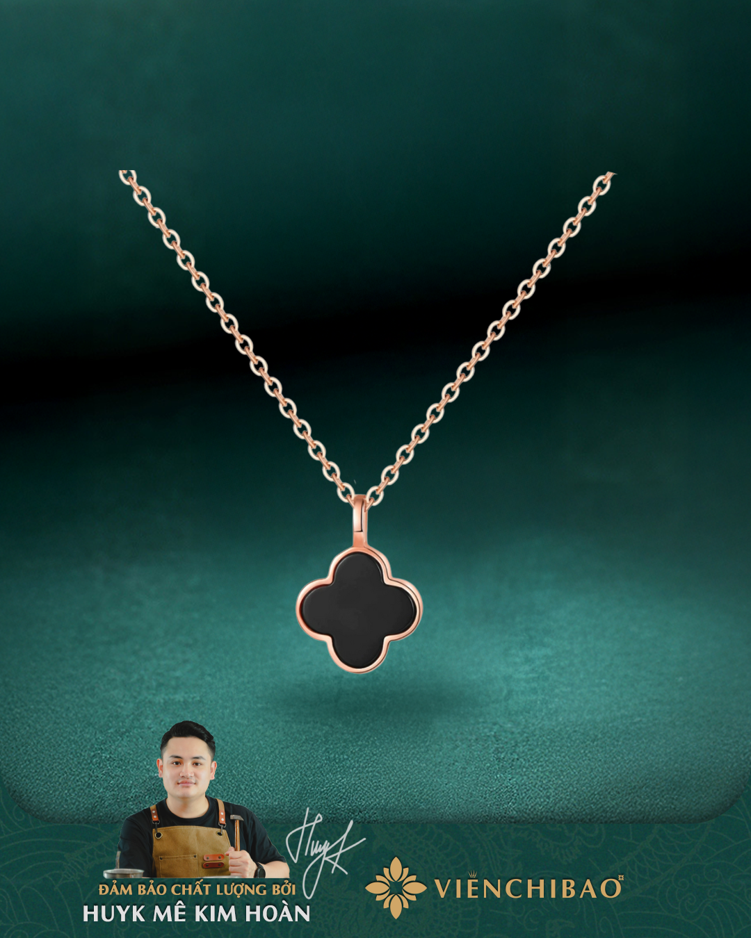 Dây Chuyền Cỏ 4 Lá Đen Xi Vàng Hồng - Bạc S925 - D000997 - HuyK Viễn Chí Bảo